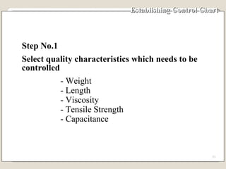 Establishing Control Chart  Step No.1 Select quality characteristics which needs to be controlled - Weight - Length - Viscosity - Tensile Strength - Capacitance 