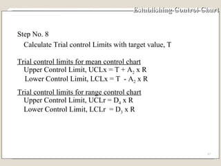 Establishing Control Chart Step No. 8 Calculate Trial control Limits with target value, T Trial control limits for mean control chart Upper Control Limit, UCLx = T + A 2  x R Lower Control Limit, LCLx = T  - A 2  x R Trial control limits for range control chart Upper Control Limit, UCLr = D 4  x R Lower Control Limit, LCLr  = D 3  x R 