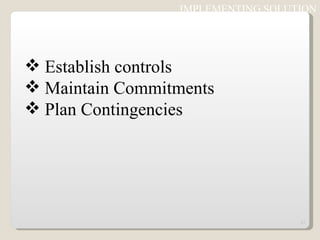 IMPLEMENTING SOLUTION Establish controls Maintain Commitments Plan Contingencies 