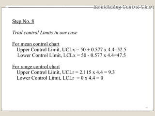Establishing Control Chart Step No. 8 Trial control Limits in our case For mean control chart Upper Control Limit, UCLx = 50 + 0.577 x 4.4=52.5 Lower Control Limit, LCLx = 50 - 0.577 x 4.4=47.5 For range control chart Upper Control Limit, UCLr = 2.115 x 4.4 = 9.3 Lower Control Limit, LCLr  = 0 x 4.4 = 0 