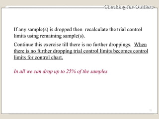 Checking for Outliers  If any sample(s) is dropped then  recalculate the trial control limits using remaining sample(s). Continue this exercise till there is no further droppings.  When there is no further dropping trial control limits becomes control limits for control chart. In all we can drop up to 25% of the samples 