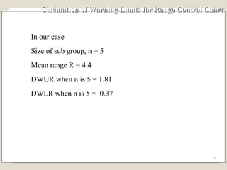 Calculation of Warning Limits for Range Control Chart In our case Size of sub group, n = 5 Mean range R = 4.4 DWUR when n is 5 = 1.81 DWLR when n is 5 =  0.37 