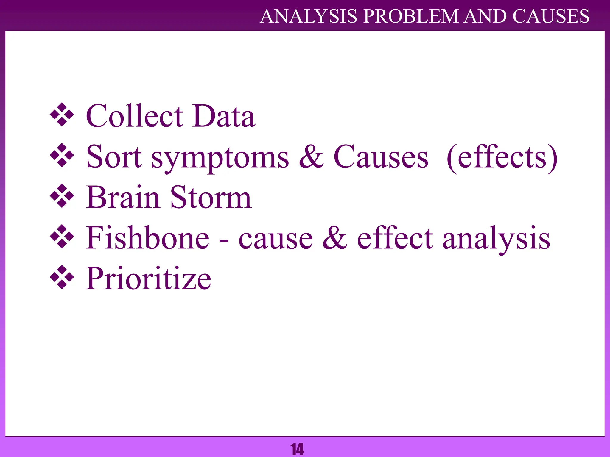 14
ANALYSIS PROBLEM AND CAUSES
 Collect Data
 Sort symptoms & Causes (effects)
 Brain Storm
 Fishbone - cause & effect analysis
 Prioritize
 