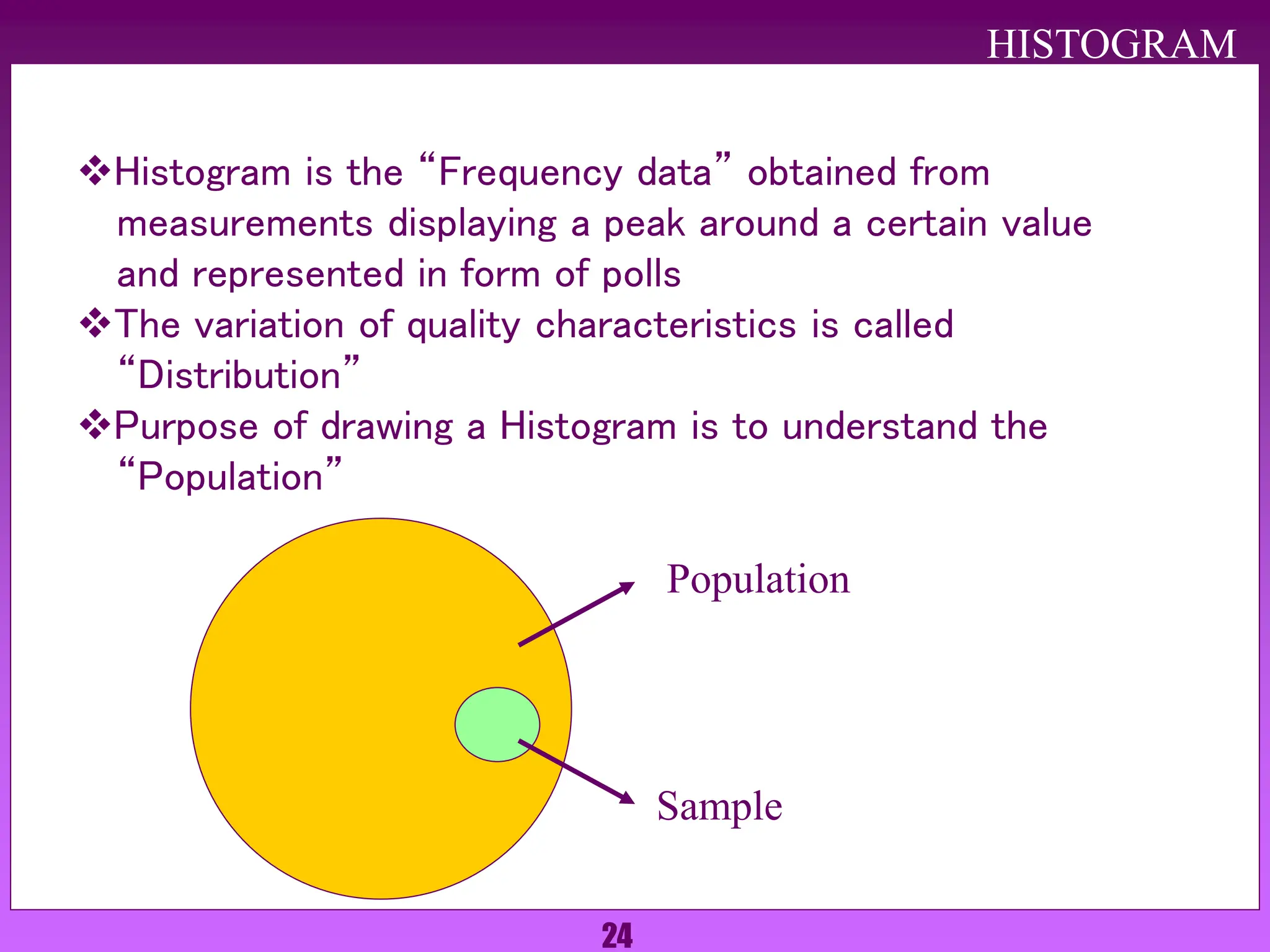 24
Histogram is the “Frequency data” obtained from
measurements displaying a peak around a certain value
and represented in form of polls
The variation of quality characteristics is called
“Distribution”
Purpose of drawing a Histogram is to understand the
“Population”
HISTOGRAM
Population
Sample
 