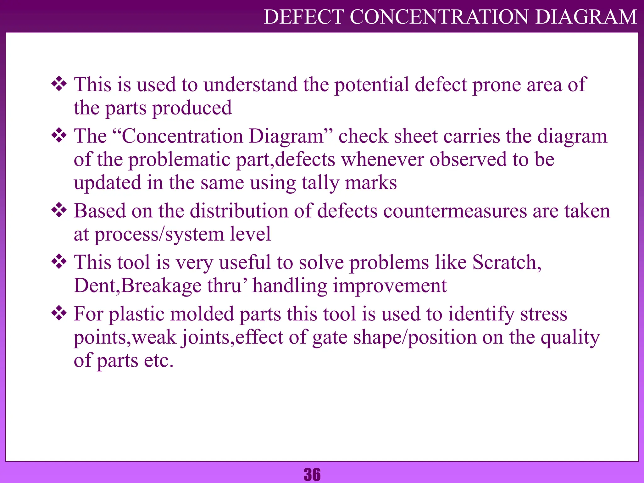 36
DEFECT CONCENTRATION DIAGRAM
 This is used to understand the potential defect prone area of
the parts produced
 The “Concentration Diagram” check sheet carries the diagram
of the problematic part,defects whenever observed to be
updated in the same using tally marks
 Based on the distribution of defects countermeasures are taken
at process/system level
 This tool is very useful to solve problems like Scratch,
Dent,Breakage thru’ handling improvement
 For plastic molded parts this tool is used to identify stress
points,weak joints,effect of gate shape/position on the quality
of parts etc.
 