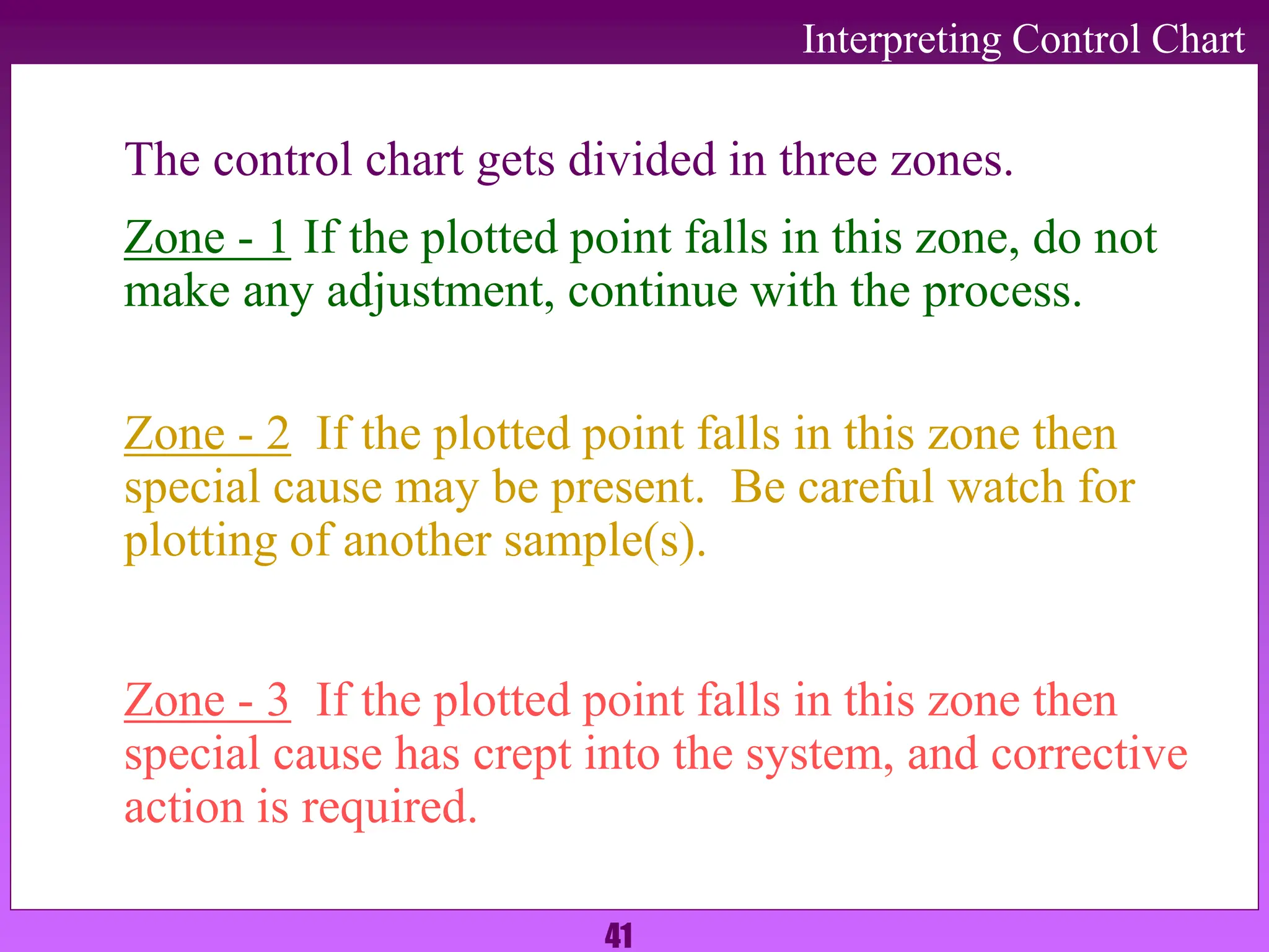 41
Interpreting Control Chart
The control chart gets divided in three zones.
Zone - 1 If the plotted point falls in this zone, do not
make any adjustment, continue with the process.
Zone - 2 If the plotted point falls in this zone then
special cause may be present. Be careful watch for
plotting of another sample(s).
Zone - 3 If the plotted point falls in this zone then
special cause has crept into the system, and corrective
action is required.
 