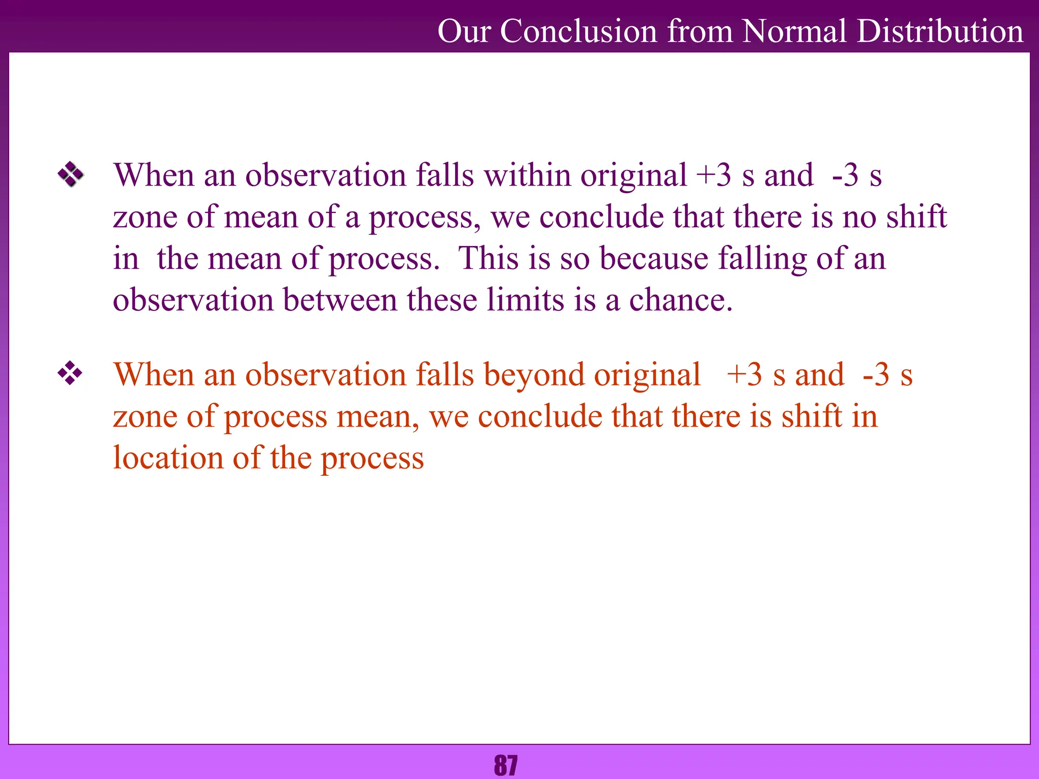 87
Our Conclusion from Normal Distribution
 When an observation falls within original +3 s and -3 s
zone of mean of a process, we conclude that there is no shift
in the mean of process. This is so because falling of an
observation between these limits is a chance.
 When an observation falls beyond original +3 s and -3 s
zone of process mean, we conclude that there is shift in
location of the process
 