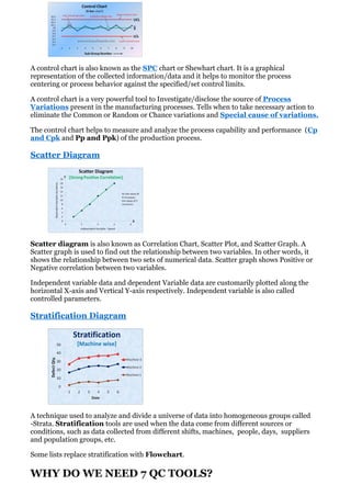 A control chart is also known as the SPC chart or Shewhart chart. It is a graphical
representation of the collected information/data and it helps to monitor the process
centering or process behavior against the specified/set control limits.
A control chart is a very powerful tool to Investigate/disclose the source of Process
Variations present in the manufacturing processes. Tells when to take necessary action to
eliminate the Common or Random or Chance variations and Special cause of variations.
The control chart helps to measure and analyze the process capability and performance (Cp
and Cpk and Pp and Ppk) of the production process.
Scatter Diagram
Scatter diagram is also known as Correlation Chart, Scatter Plot, and Scatter Graph. A
Scatter graph is used to find out the relationship between two variables. In other words, it
shows the relationship between two sets of numerical data. Scatter graph shows Positive or
Negative correlation between two variables.
Independent variable data and dependent Variable data are customarily plotted along the
horizontal X-axis and Vertical Y-axis respectively. Independent variable is also called
controlled parameters.
Stratification Diagram
A technique used to analyze and divide a universe of data into homogeneous groups called
-Strata. Stratification tools are used when the data come from different sources or
conditions, such as data collected from different shifts, machines, people, days, suppliers
and population groups, etc.
Some lists replace stratification with Flowchart.
WHY DO WE NEED 7 QC TOOLS?
 