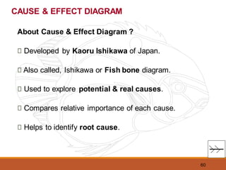 60
About Cause & Effect Diagram ?
Developed by Kaoru Ishikawa of Japan.
Also called, Ishikawa or Fish bone diagram.
Used to explore potential & real causes.
Compares relative importance of each cause.
Helps to identify root cause.
CAUSE & EFFECT DIAGRAM
 