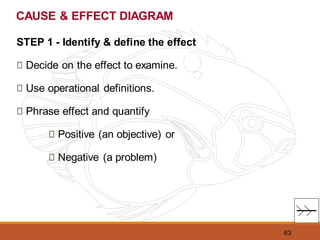 63
CAUSE & EFFECT DIAGRAM
STEP 1 - Identify & define the effect
Decide on the effect to examine.
Use operational definitions.
Phrase effect and quantify
Positive (an objective) or
Negative (a problem)
 