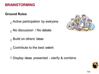 BRAINSTORMING
Ground Rules
Active participation by everyone
No discussion / No debate
Build on others’ ideas
Contribute to the best extent
Display ideas presented - clarify & combine
103
 