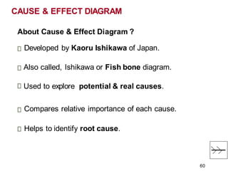 About Cause & Effect Diagram ?
Developed by Kaoru Ishikawa of Japan.
Also called, Ishikawa or Fish bone diagram.
Used to explore potential & real causes.
Compares relative importance of each cause.
Helps to identify root cause.
CAUSE & EFFECT DIAGRAM
60
 