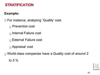 Example:
For instance, analysing ‘Quality’ cost.
Prevention cost
Internal Failure cost
External Failure cost
Appraisal cost
World class companies have a Quality cost of around 2
to 5 %
93
STRATIFICATION
 