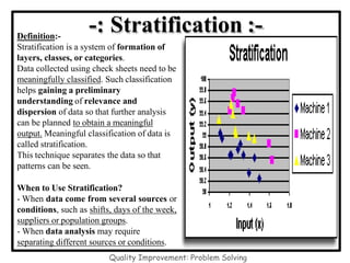 -: Stratification :-
Definition:-
Stratification is a system of formation of
layers, classes, or categories.
Data collected using check sheets need to be
meaningfully classified. Such classification
helps gaining a preliminary
understanding of relevance and
dispersion of data so that further analysis
can be planned to obtain a meaningful
output. Meaningful classification of data is
called stratification.
This technique separates the data so that
patterns can be seen.
When to Use Stratification?
- When data come from several sources or
conditions, such as shifts, days of the week,
suppliers or population groups.
- When data analysis may require
separating different sources or conditions.
Quality Improvement: Problem Solving
 