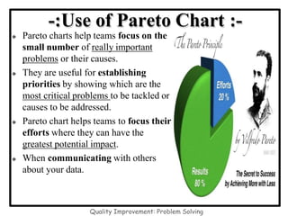 -:Use of Pareto Chart :-
 Pareto charts help teams focus on the
small number of really important
problems or their causes.
 They are useful for establishing
priorities by showing which are the
most critical problems to be tackled or
causes to be addressed.
 Pareto chart helps teams to focus their
efforts where they can have the
greatest potential impact.
 When communicating with others
about your data.
Quality Improvement: Problem Solving
 