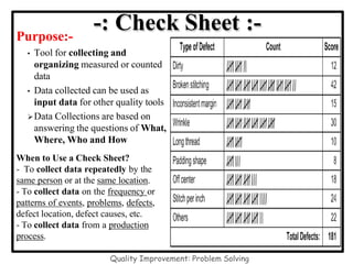 Purpose:-
• Tool for collecting and
organizing measured or counted
data
• Data collected can be used as
input data for other quality tools
Data Collections are based on
answering the questions of What,
Where, Who and How
When to Use a Check Sheet?
- To collect data repeatedly by the
same person or at the same location.
- To collect data on the frequency or
patterns of events, problems, defects,
defect location, defect causes, etc.
- To collect data from a production
process.
-: Check Sheet :-
Quality Improvement: Problem Solving
 