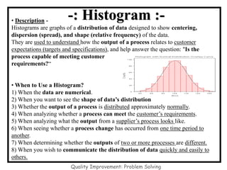 -: Histogram :-
Quality Improvement: Problem Solving
• Description -
Histograms are graphs of a distribution of data designed to show centering,
dispersion (spread), and shape (relative frequency) of the data.
They are used to understand how the output of a process relates to customer
expectations (targets and specifications), and help answer the question: "Is the
process capable of meeting customer
requirements?“
• When to Use a Histogram?
1) When the data are numerical.
2) When you want to see the shape of data’s distribution
3) Whether the output of a process is distributed approximately normally.
4) When analyzing whether a process can meet the customer’s requirements.
5) When analyzing what the output from a supplier’s process looks like.
6) When seeing whether a process change has occurred from one time period to
another.
7) When determining whether the outputs of two or more processes are different.
8) When you wish to communicate the distribution of data quickly and easily to
others.
 