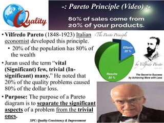• Vilfredo Pareto (1848-1923) Italian
economist developed this principle.
• 20% of the population has 80% of
the wealth
• Juran used the term “vital
(Significant) few, trivial (In-
significant) many.” He noted that
20% of the quality problems caused
80% of the dollar loss.
• Purpose: The purpose of a Pareto
diagram is to separate the significant
aspects of a problem from the trivial
ones.
SPC: Quality Consistency & Improvement
-: Pareto Principle (Video) :-
 