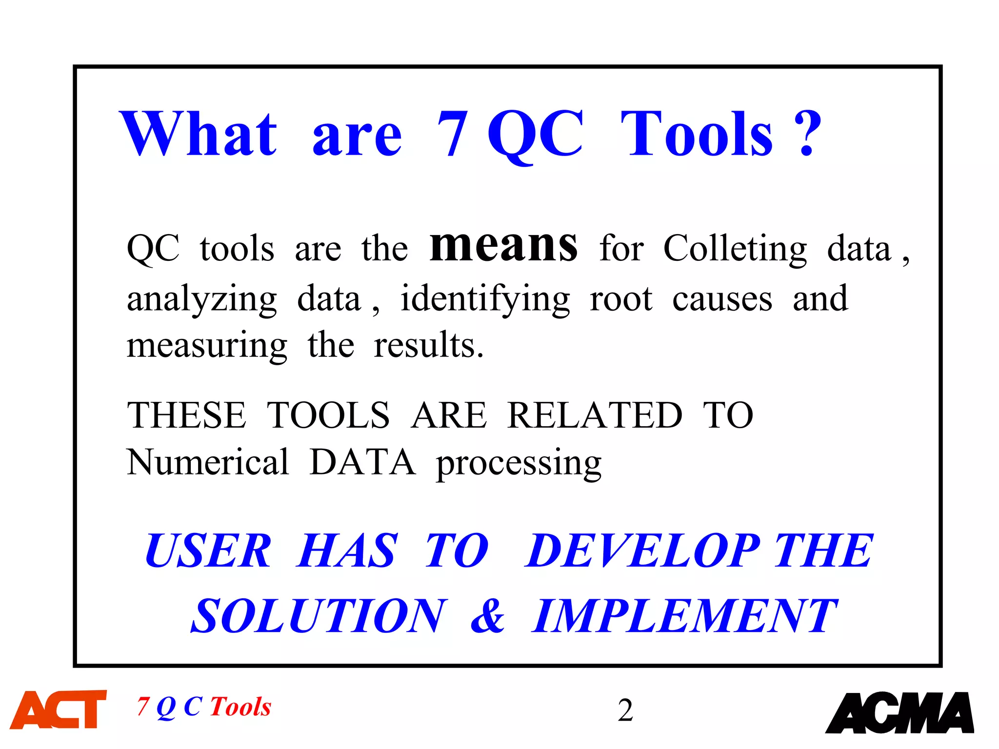 What are 7 QC Tools ?
QC tools are the means for Colleting data ,
analyzing data , identifying root causes and
measuring the results.
THESE TOOLS ARE RELATED TO
Numerical DATA processing

USER HAS TO DEVELOP THE
 SOLUTION & IMPLEMENT
7 Q C Tools                2
 