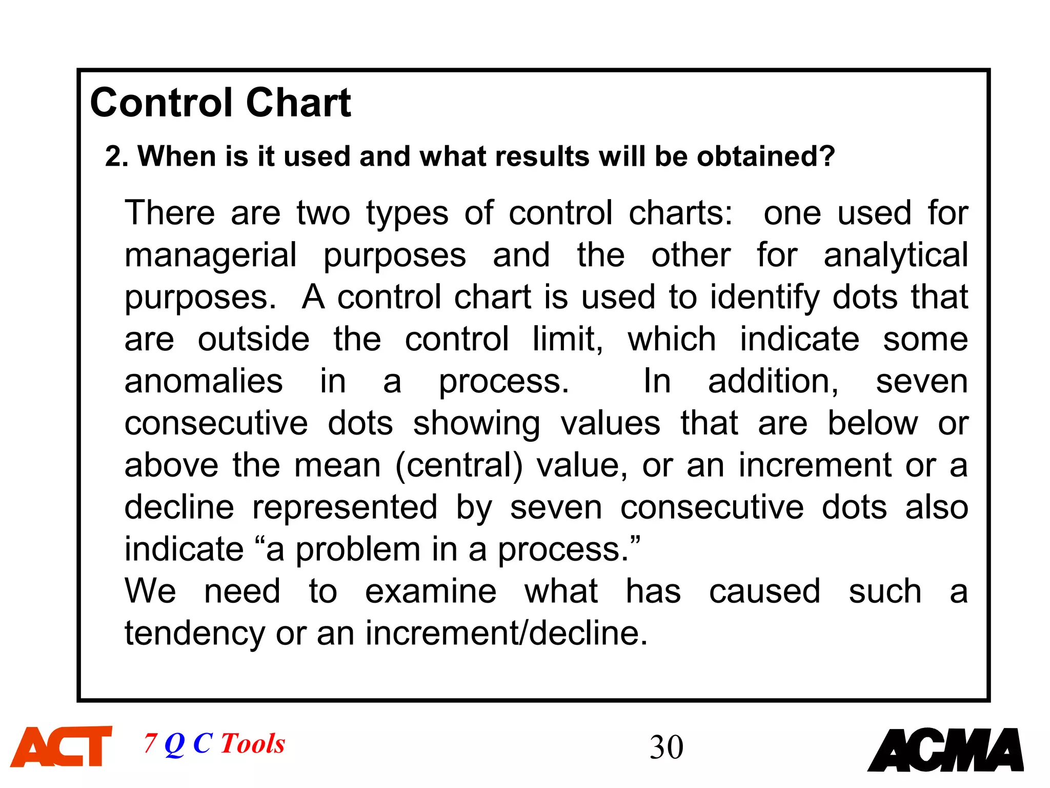 Control Chart
2. When is it used and what results will be obtained?

 There are two types of control charts: one used for
 managerial purposes and the other for analytical
 purposes. A control chart is used to identify dots that
 are outside the control limit, which indicate some
 anomalies in a process.            In addition, seven
 consecutive dots showing values that are below or
 above the mean (central) value, or an increment or a
 decline represented by seven consecutive dots also
 indicate “a problem in a process.”
 We need to examine what has caused such a
 tendency or an increment/decline.


  7 Q C Tools                          30
 
