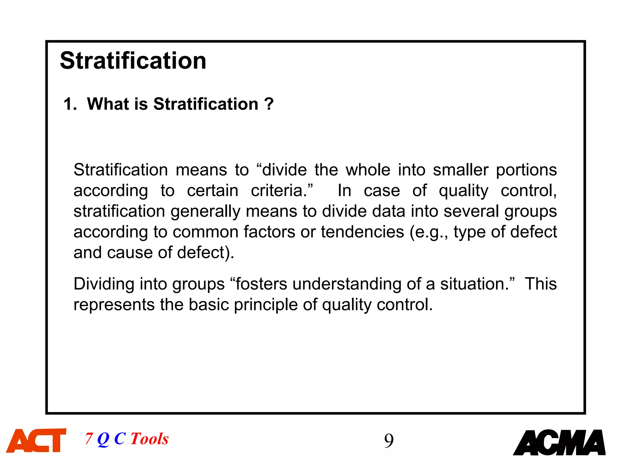 Stratification
1. What is Stratification ?


 Stratification means to “divide the whole into smaller portions
 according to certain criteria.” In case of quality control,
 stratification generally means to divide data into several groups
 according to common factors or tendencies (e.g., type of defect
 and cause of defect).
 Dividing into groups “fosters understanding of a situation.” This
 represents the basic principle of quality control.




  7 Q C Tools                             9
 