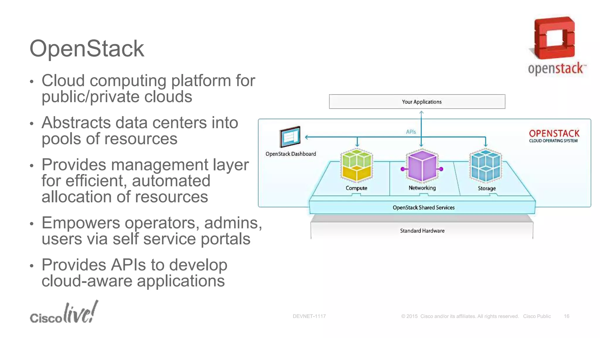 OpenStack
• Cloud computing platform for
public/private clouds
• Abstracts data centers into
pools of resources
• Provides management layer
for efficient, automated
allocation of resources
• Empowers operators, admins,
users via self service portals
• Provides APIs to develop
cloud-aware applications
 