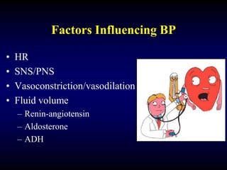 Factors Influencing BP
• HR
• SNS/PNS
• Vasoconstriction/vasodilation
• Fluid volume
– Renin-angiotensin
– Aldosterone
– ADH
 