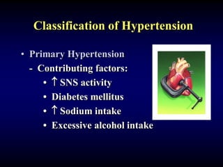 Classification of Hypertension
• Primary Hypertension
- Contributing factors:
•  SNS activity
• Diabetes mellitus
•  Sodium intake
• Excessive alcohol intake
 