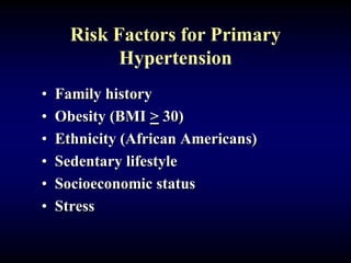 Risk Factors for Primary
Hypertension
• Family history
• Obesity (BMI > 30)
• Ethnicity (African Americans)
• Sedentary lifestyle
• Socioeconomic status
• Stress
 