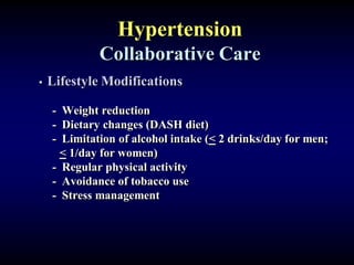 Hypertension
Collaborative Care
• Lifestyle Modifications
- Weight reduction
- Dietary changes (DASH diet)
- Limitation of alcohol intake (< 2 drinks/day for men;
< 1/day for women)
- Regular physical activity
- Avoidance of tobacco use
- Stress management
 