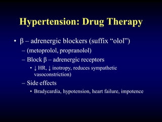Hypertension: Drug Therapy
• β – adrenergic blockers (suffix “olol”)
– (metoprolol, propranolol)
– Block β – adrenergic receptors
• ↓ HR, ↓ inotropy, reduces sympathetic
vasoconstriction)
– Side effects
• Bradycardia, hypotension, heart failure, impotence
 