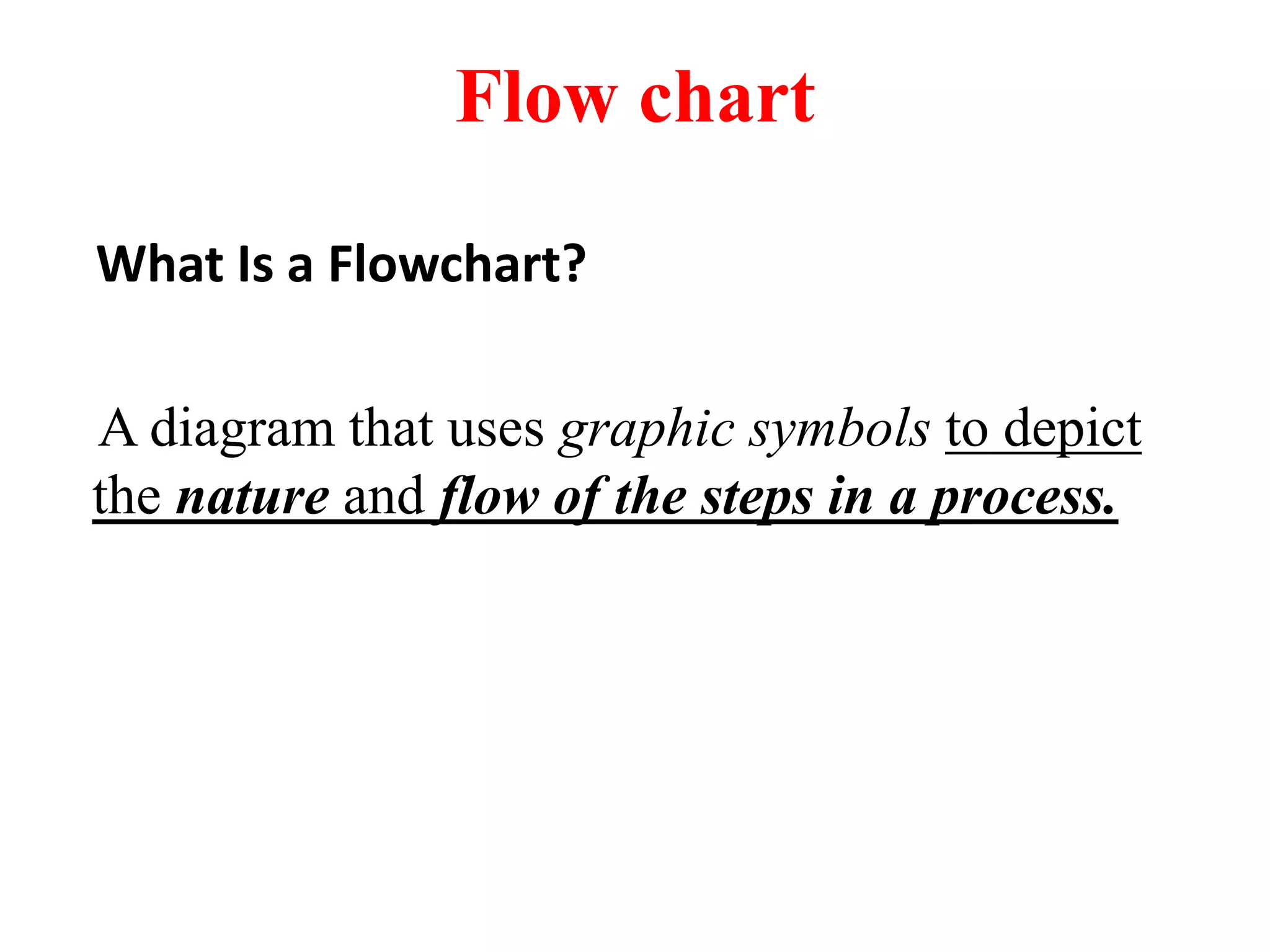 Flow chart
What Is a Flowchart?
A diagram that uses graphic symbols to depict
the nature and flow of the steps in a process.
 