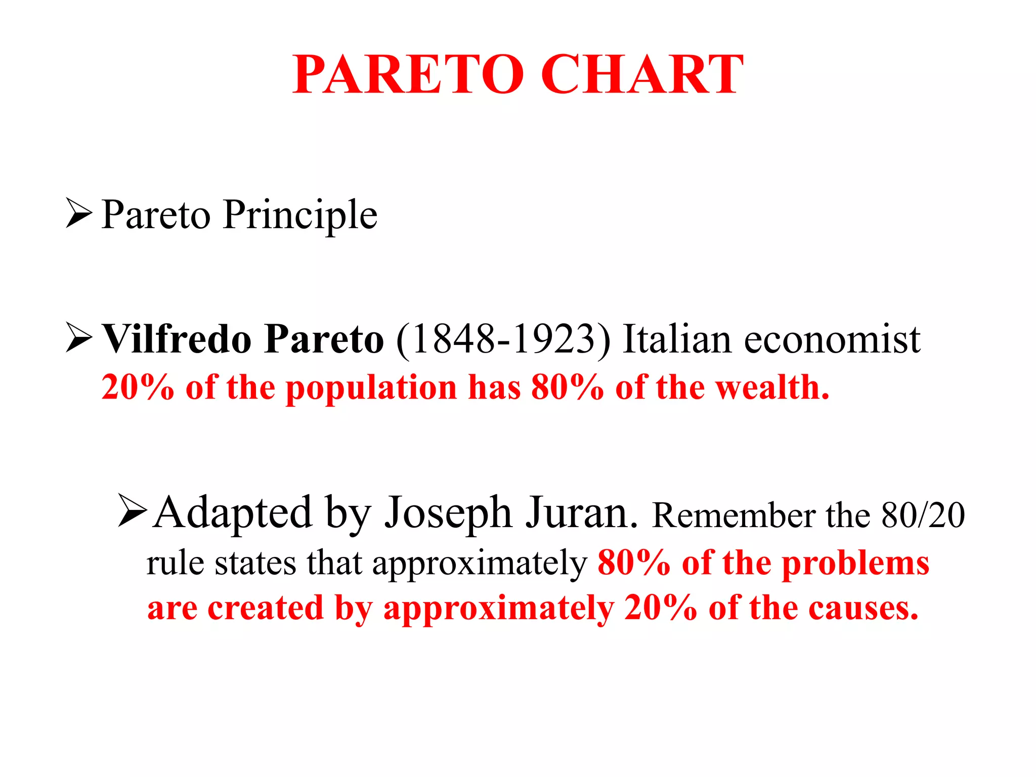 PARETO CHART
Pareto Principle
Vilfredo Pareto (1848-1923) Italian economist
20% of the population has 80% of the wealth.
Adapted by Joseph Juran. Remember the 80/20
rule states that approximately 80% of the problems
are created by approximately 20% of the causes.
 