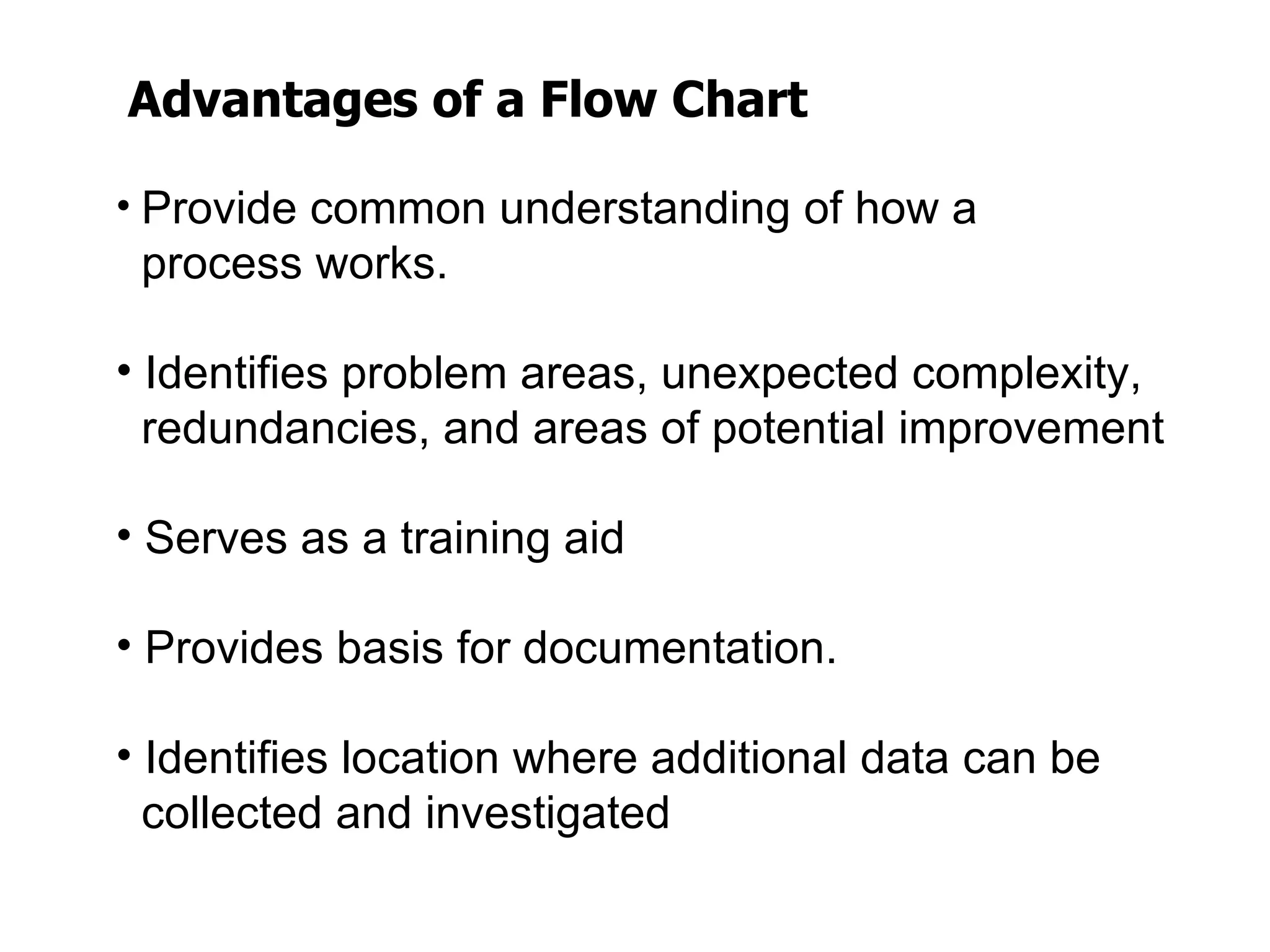 Advantages of a Flow Chart

• Provide common understanding of how a
 process works.

• Identifies problem areas, unexpected complexity,
  redundancies, and areas of potential improvement

• Serves as a training aid

• Provides basis for documentation.

• Identifies location where additional data can be
  collected and investigated
 