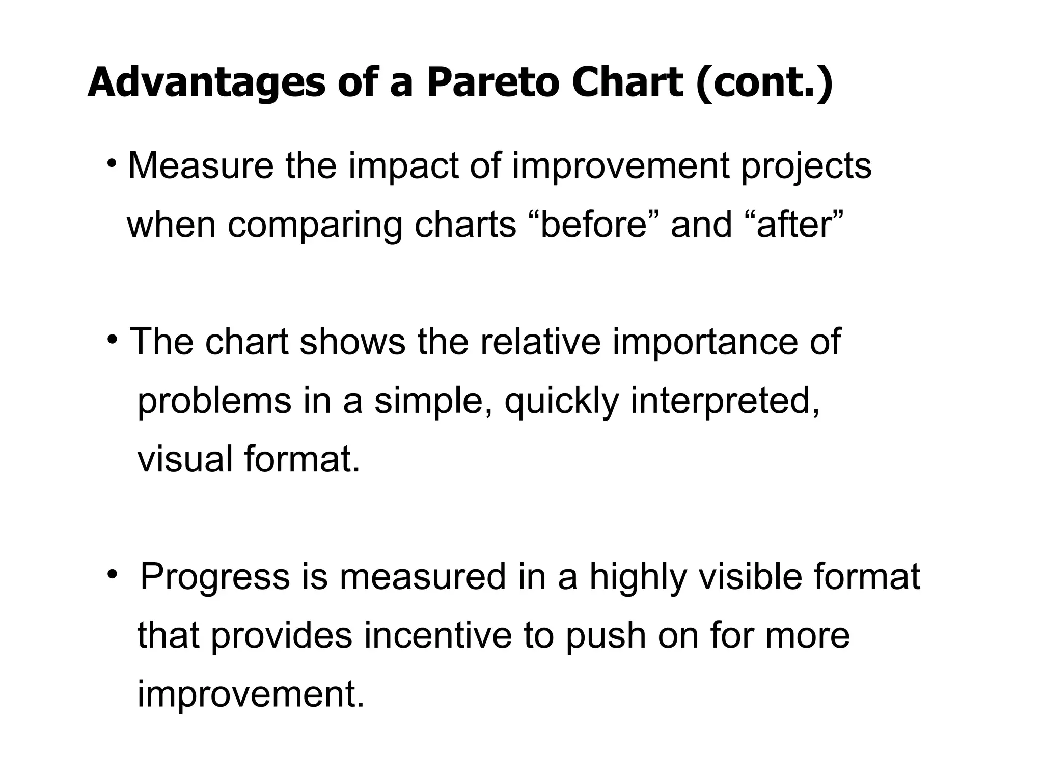 Advantages of a Pareto Chart (cont.)
• Measure the impact of improvement projects
 when comparing charts “before” and “after”


• The chart shows the relative importance of
  problems in a simple, quickly interpreted,
  visual format.


• Progress is measured in a highly visible format
  that provides incentive to push on for more
  improvement.
 