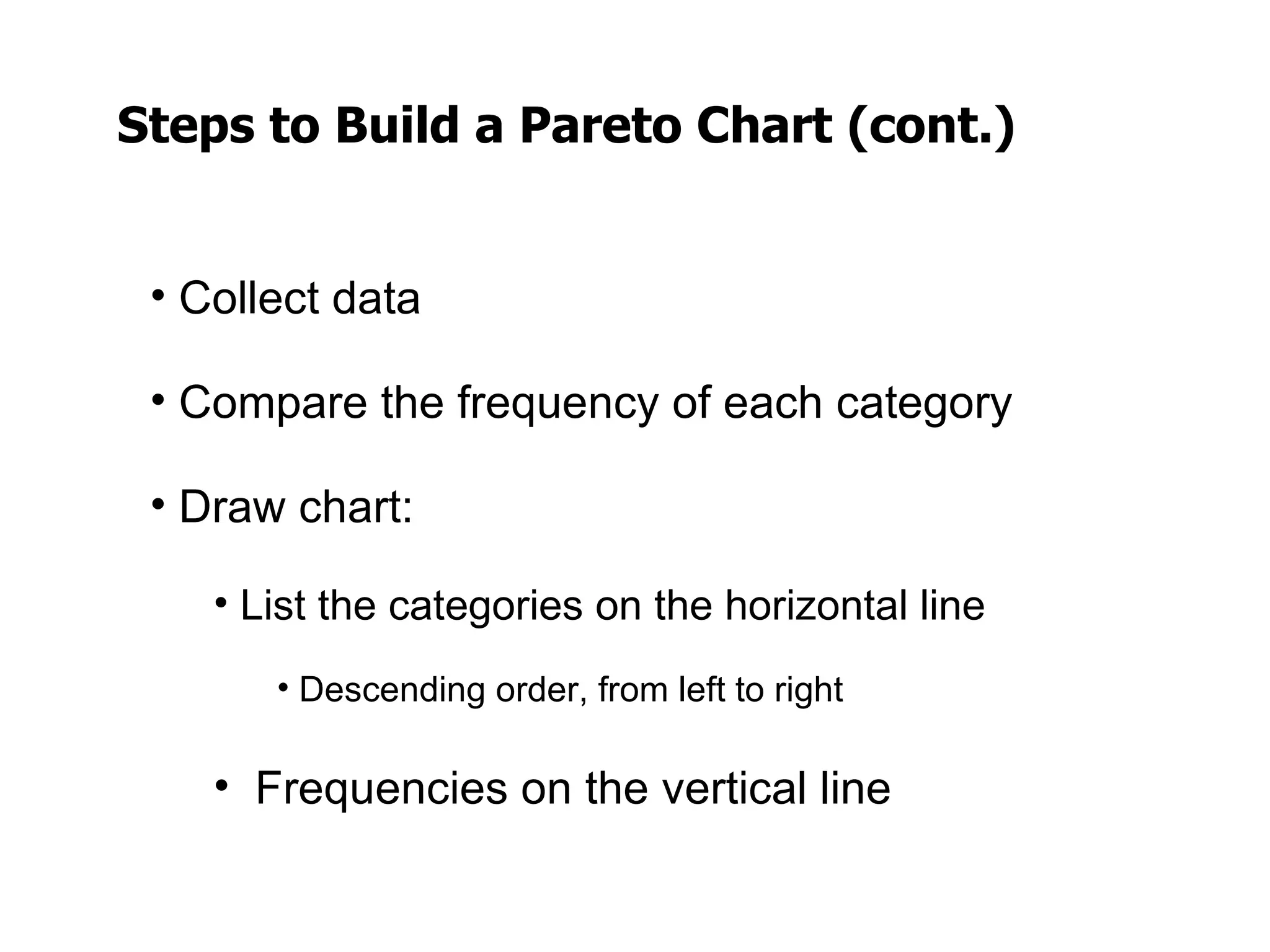 Steps to Build a Pareto Chart (cont.)


 • Collect data

 • Compare the frequency of each category

 • Draw chart:

    • List the categories on the horizontal line
       • Descending order, from left to right

    • Frequencies on the vertical line
 