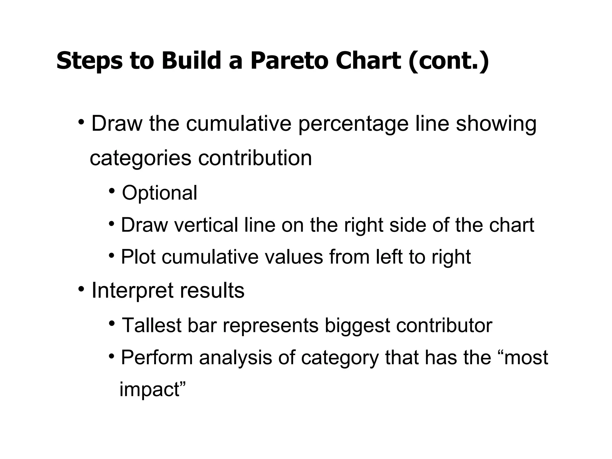 Steps to Build a Pareto Chart (cont.)

 • Draw the cumulative percentage line showing
  categories contribution
    • Optional
    • Draw vertical line on the right side of the chart
    • Plot cumulative values from left to right
 • Interpret results
    • Tallest bar represents biggest contributor
    • Perform analysis of category that has the “most
     impact”
 