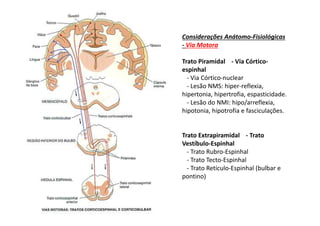 Considerações Anátomo-Fisiológicas
- Via Motora
Trato Piramidal - Via Córtico-
espinhal
- Via Córtico-nuclear
- Lesão NMS: hiper-reflexia,
hipertonia, hipertrofia, espasticidade.
- Lesão do NMI: hipo/arreflexia,
hipotonia, hipotrofia e fasciculações.
Trato Extrapiramidal - Trato
Vestíbulo-Espinhal
- Trato Rubro-Espinhal
- Trato Tecto-Espinhal
- Trato Retículo-Espinhal (bulbar e
pontino)
 