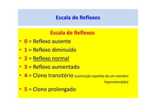 Escala de Reflexos
Escala de Reflexos
• 0 = Reflexo ausente
• 1 = Reflexo diminuído
• 2 = Reflexo normal
• 3 = Reflexo aumentado
• 4 = Clono transitório (contração repetida de um membro
hiperestendido)
• 5 = Clono prolongado
 