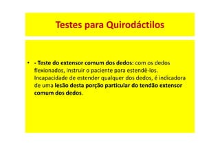 • - Teste do extensor comum dos dedos: com os dedos
flexionados, instruir o paciente para estendê-los.
Incapacidade de estender qualquer dos dedos, é indicadora
de uma lesão desta porção particular do tendão extensor
comum dos dedos.
Testes para Quirodáctilos
 