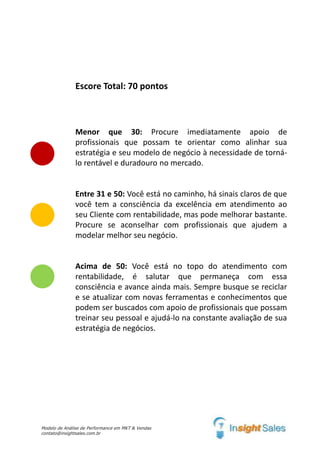 Escore Total: 70 pontos
Menor que 30: Procure imediatamente apoio de
profissionais que possam te orientar como alinhar sua
estratégia e seu modelo de negócio à necessidade de torná-
lo rentável e duradouro no mercado.
Entre 31 e 50: Você está no caminho, há sinais claros de que
você tem a consciência da excelência em atendimento ao
seu Cliente com rentabilidade, mas pode melhorar bastante.
Procure se aconselhar com profissionais que ajudem a
modelar melhor seu negócio.
Acima de 50: Você está no topo do atendimento com
rentabilidade, é salutar que permaneça com essa
consciência e avance ainda mais. Sempre busque se reciclar
e se atualizar com novas ferramentas e conhecimentos que
podem ser buscados com apoio de profissionais que possam
treinar seu pessoal e ajudá-lo na constante avaliação de sua
estratégia de negócios.
Modelo de Análise de Performance em MKT & Vendas
contato@insightsales.com.br
 