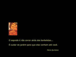 O segredo é não correr atrás das borboletas...
É cuidar do jardim para que elas venham até você.
Mario Quintana
 