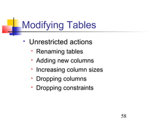 58
 Unrestricted actions
 Renaming tables
 Adding new columns
 Increasing column sizes
 Dropping columns
 Dropping constraints
Modifying Tables
 