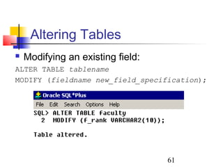 61
Altering Tables
 Modifying an existing field:
ALTER TABLE tablename
MODIFY (fieldname new_field_specification);
 