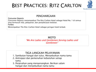 BEST PRACTICES: RITZ CARLTON
                               PENGHARGAAN
Consumer Reports
Consumer Reports menempatkan The Ritz Carlton Hotel sebagai Hotel No. 1 di semua
area termasuk nilai, pelayanan, dan penyelesaian keluhan.
Forbes
Menempatkan The Ritz-Carlton Hotel sebagai jaringan hotel terbaik




                                           MOTO
                   “We Are Ladies and Gentlemen Serving Ladies and
                                     Gentlemen”



                  TIGA LANGKAH PELAYANAN
     1. Sambutan hangat dan tulus. Menyebutkan nama tamu
     2. Antisipasi dan pemenuhan kebutuhan setiap
        tamu
     3. Perpisahan yang menyenangkan. Berikan salam
        hangat dan menyebutkan nama tamu
 