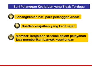 Beri Pelanggan Keajaiban yang Tidak Terduga


 Senangkanlah hati para pelanggan Anda!


    Buatlah keajaiban yang kecil saja!


 Memberi keajaiban sesekali dalam pelayanan
 jasa memberikan banyak keuntungan
 