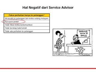 Hal Negatif dari Service Advisor

    Fokus perhatian hanya ke pelanggan*
SA beralih ke pelanggan lain ketika sedang melayani
Pura-pura peduli
Tidak fokus ketika berkomunikasi
Tidak bersikap baik/ramah
Tidak ada perhatian ke pelanggan
 