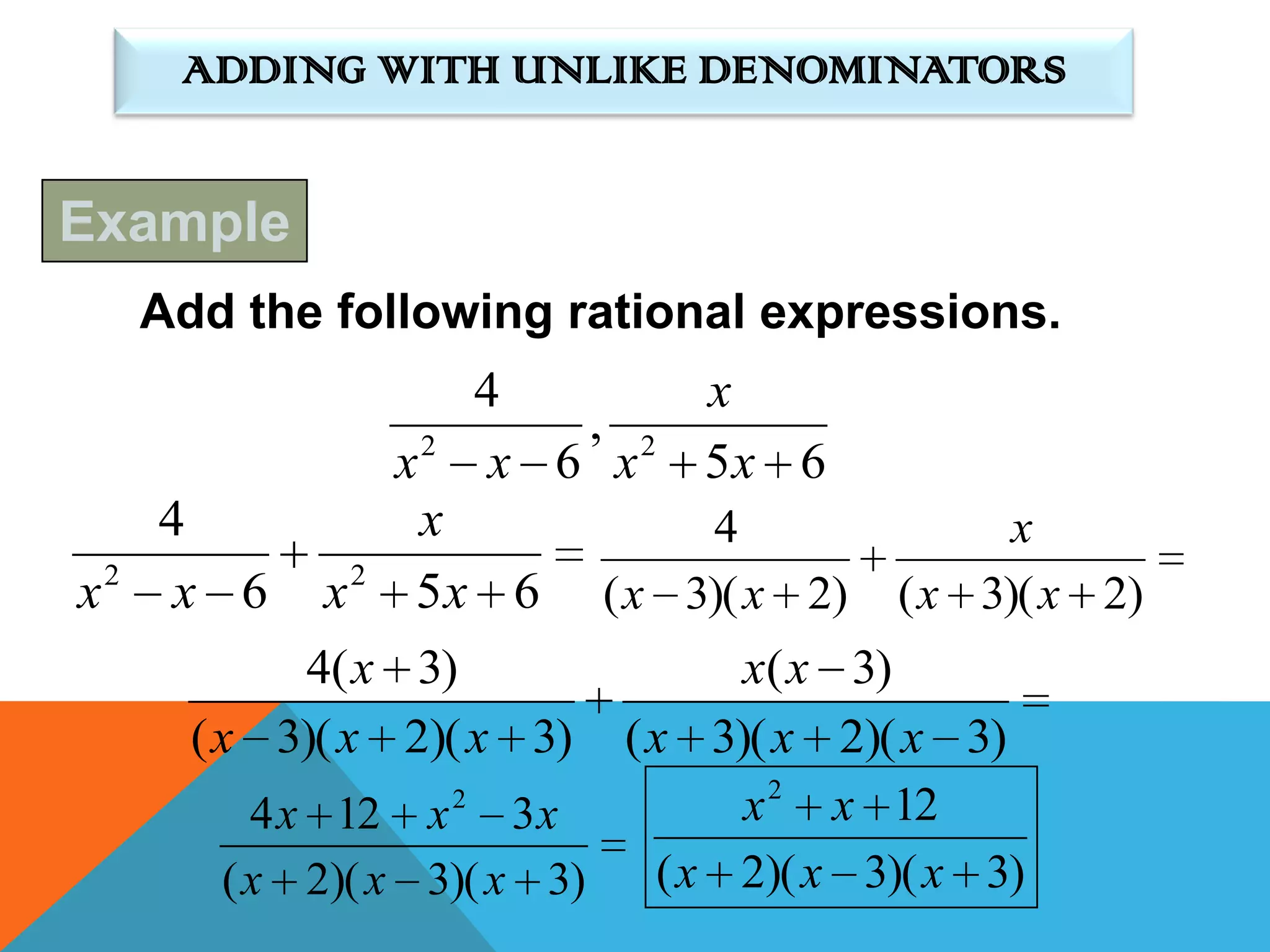 ADDING WITH UNLIKE DENOMINATORS


Example
        Add the following rational expressions.
                          4       x
                              , 2
                     x2    x 6 x 5x 6
        4             x          4              x
    2              2
x        x 6 x 5 x 6 ( x 3)( x 2) ( x 3)( x 2)
               4( x 3)             x( x 3)
          ( x 3)( x 2)( x 3) ( x 3)( x 2)( x 3)
                      2
             4 x 12 x 3 x           x 2 x 12
           ( x 2)( x 3)( x 3)   ( x 2)( x 3)( x 3)
 
