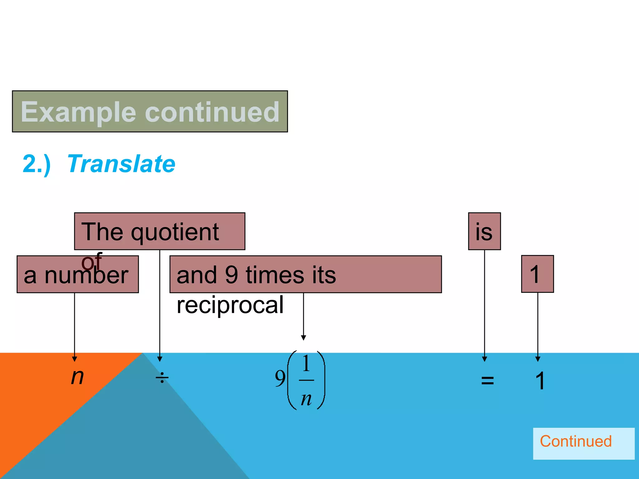 Example continued
2.) Translate

    The quotient              is
    of
a number    and 9 times its        1
            reciprocal

                       1
    n                9        =    1
                       n
                                   Continued
 