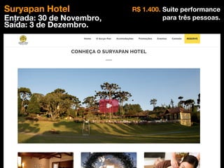 Suryapan Hotel
Entrada: 30 de Novembro,
Saída: 3 de Dezembro.
R$ 1.400. Suite performance
para três pessoas.
 